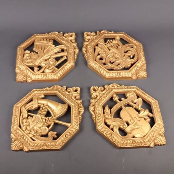 Syroco Wall Hangings Set Of 4 Musical Instruments Wall Decor Wall Art Gold Tone - Picture 2 of 11